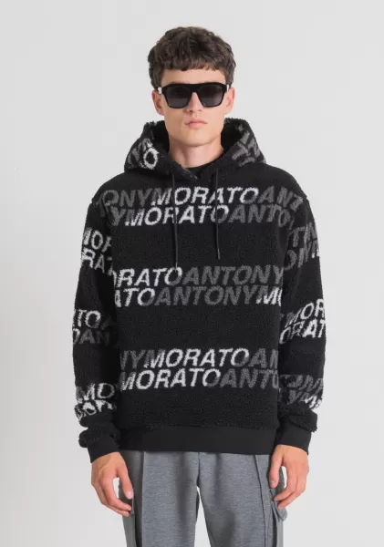 Sweatshirts Sweatshirt Regular Fit Aus Kunstpelz Mit Kapuze Und Logo-Muster Schwarz Herren Antony Morato