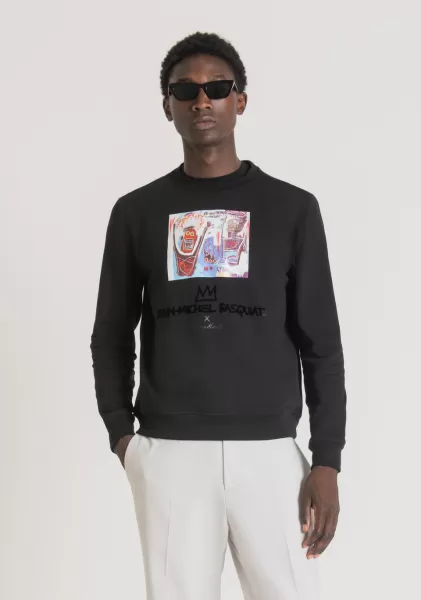 Schwarz Sweatshirts Herren Antony Morato Sweatshirt Regular Fit Aus Elastischem Baumwoll-Mischgewebe Mit Basquiat-Print