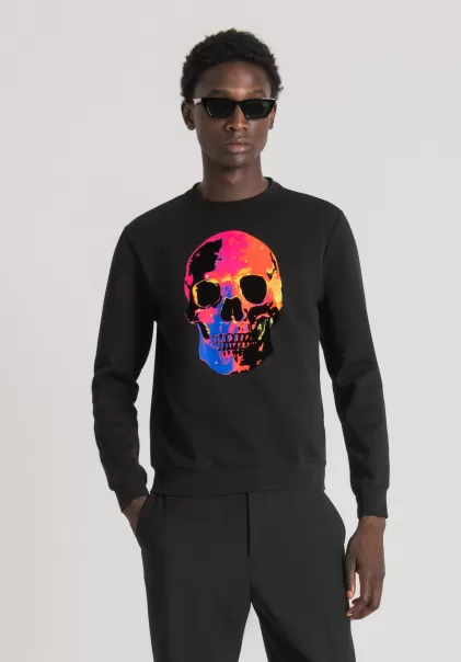 Sweatshirts Schwarz Sweatshirt Regular Fit Aus Baumwoll-Mischgewebe Mit Mehrfarbigem Totenkopf-Print Herren Antony Morato