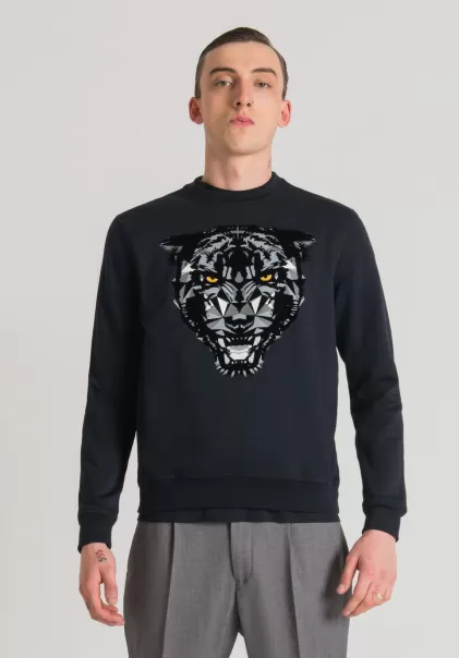 Herren Sweatshirts Blue Ink Antony Morato Sweatshirt Regular Fit Aus Baumwoll-Mischgewebe Mit Panther-Print