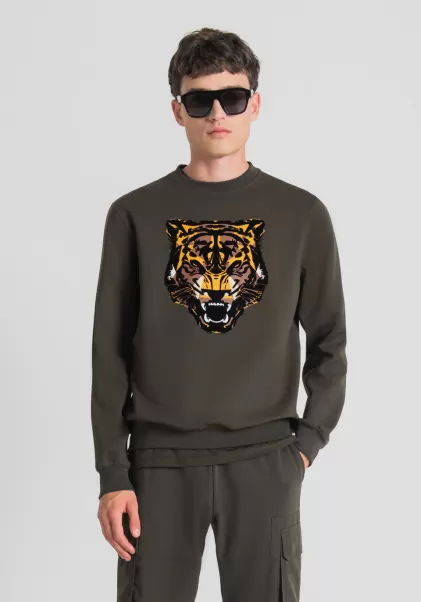 Dunkles Militärgrün Herren Sweatshirt Regular Fit Aus Baumwoll-Mischgewebe Mit Tiger-Print Sweatshirts Antony Morato
