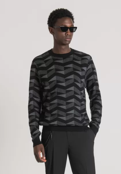 Pullover Regular Fit Aus Wollmischgarn Mit Geometrischem Muster Strickwaren Dunkelgrau Meliert Antony Morato Herren