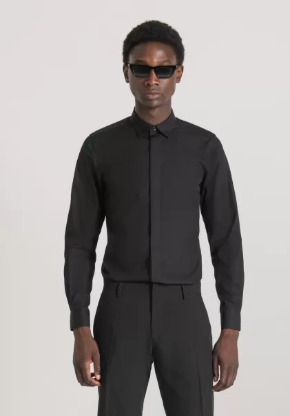Hemden Hemd Slim Fit „London“ Aus Easy-Iron-Baumwolle Mit Verdeckter Knopfleiste Schwarz Herren Antony Morato