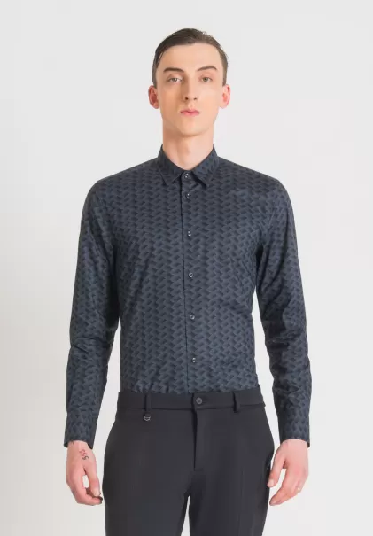 Herren Hemden Antony Morato Hemd Slim Fit „Napoli“ Aus 100 % Baumwolle Mit Print Luftfahrt Blau