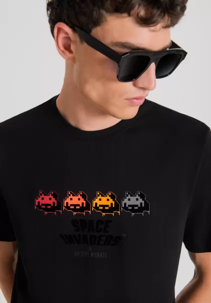 T-Shirt Regular Fit Aus 100 % Baumwolle Mit Space Invaders-Print Antony Morato Schwarz T-Shirts Und Polo Herren