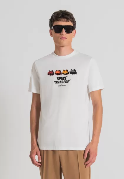 Herren T-Shirt Regular Fit Aus 100 % Baumwolle Mit Space Invaders-Print Creme Antony Morato T-Shirts Und Polo