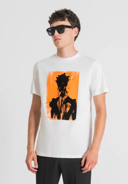 Creme Herren T-Shirts Und Polo Antony Morato T-Shirt Regular Fit 100 % Baumwolle Mit Kontrast-Print