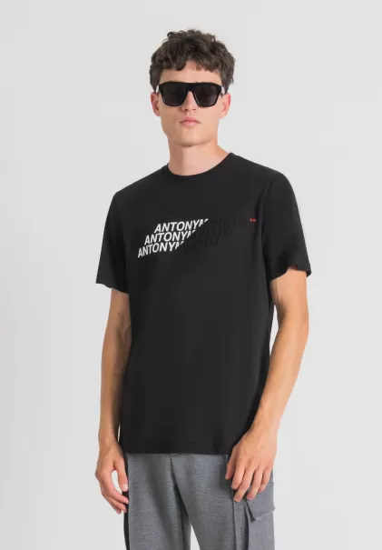 Antony Morato Schwarz Herren T-Shirt Regular Fit Aus Baumwolle Mit Gummiertem Logo-Print T-Shirts Und Polo