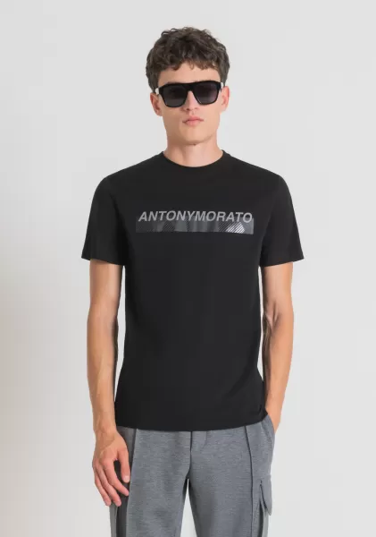 Herren T-Shirts Und Polo Antony Morato Schwarz T-Shirt Slim Fit Aus 100 % Baumwolle Mit Logo-Print In Gummi-Optik