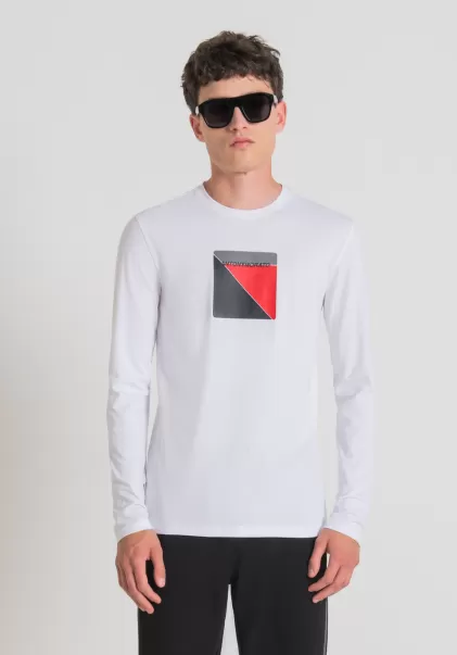 Antony Morato T-Shirt Super Slim Fit Mit Langen Ärmeln Aus Baumwollstretch Mit Gummiertem Logo-Print Herren Weiß T-Shirts Und Polo