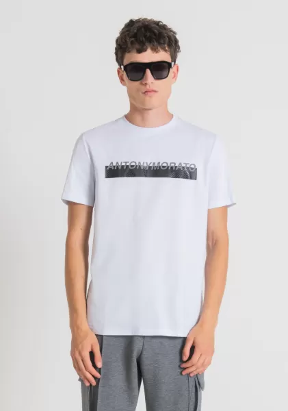 Antony Morato Herren Weiß T-Shirts Und Polo T-Shirt Slim Fit Aus 100 % Baumwolle Mit Logo-Print In Gummi-Optik