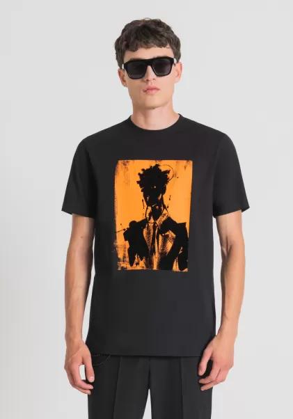 Schwarz T-Shirt Regular Fit 100 % Baumwolle Mit Kontrast-Print Herren Antony Morato T-Shirts Und Polo