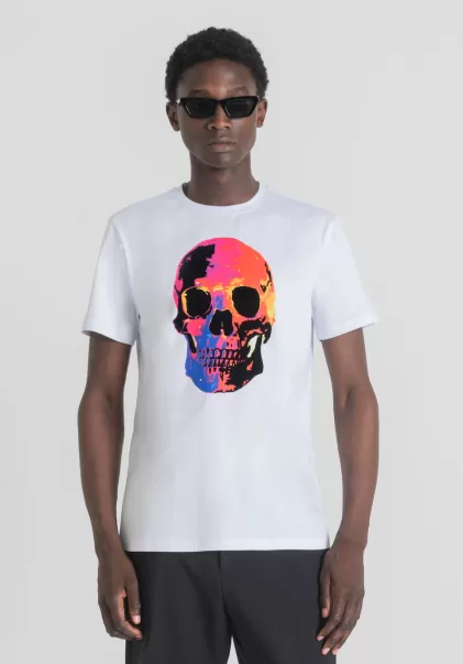 Antony Morato Weiß T-Shirts Und Polo Herren T-Shirt Slim Fit Aus 100 % Weicher Baumwolle Mit Totenkopf-Print