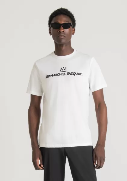 Antony Morato Herren T-Shirt Regular Fit Aus 100 % Baumwolle Mit Basquiat-Print Creme T-Shirts Und Polo