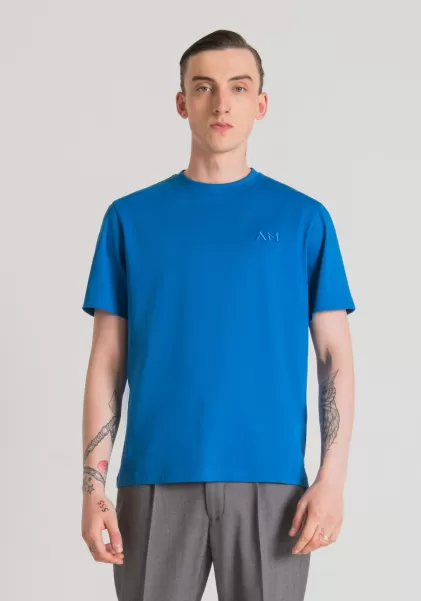 Herren T-Shirts Und Polo Antony Morato Kobalt T-Shirt Over Fit Aus Reiner Baumwolle Mit Gesticktem Logo