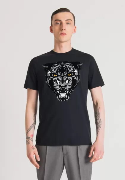 T-Shirts Und Polo Herren Blue Ink Antony Morato T-Shirt Regular Fit Aus 100 % Weicher Baumwolle Mit Panther-Print