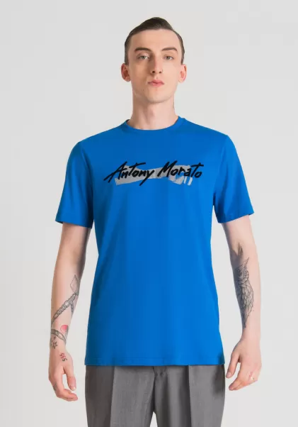 Antony Morato T-Shirt Regular Fit Aus Reiner Baumwolle Mit Gummiertem Logo-Print Kobalt T-Shirts Und Polo Herren
