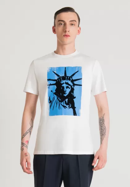 Herren Creme T-Shirt Regular Fit Aus 100 % Baumwolle Mit Print Freiheitsstatue T-Shirts Und Polo Antony Morato
