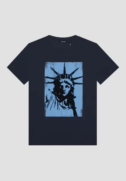 Herren T-Shirts Und Polo Blue Ink T-Shirt Regular Fit Aus 100 % Baumwolle Mit Print Freiheitsstatue Antony Morato