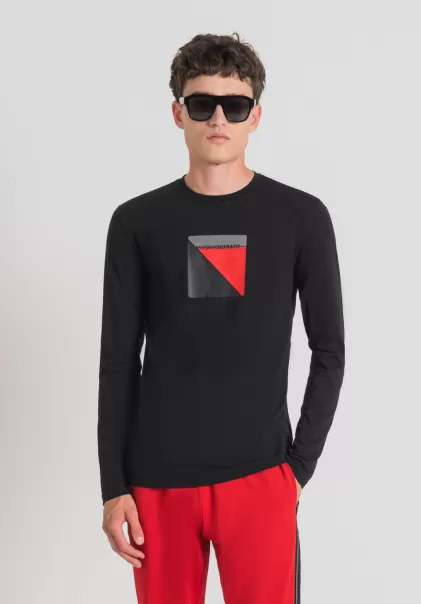T-Shirt Super Slim Fit Mit Langen Ärmeln Aus Baumwollstretch Mit Gummiertem Logo-Print Schwarz Antony Morato Herren T-Shirts Und Polo