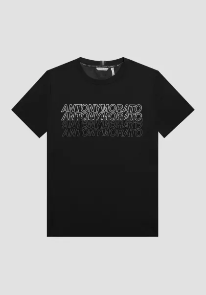 Herren T-Shirt Slim Fit Aus 100 % Baumwolle Mit Logo-Print In Gummi-Optik Antony Morato T-Shirts Und Polo Schwarz