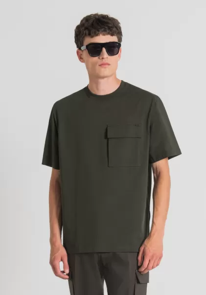 T-Shirts Und Polo T-Shirt Oversize Aus Reiner Baumwolle Mit Brusttasche Auf Der Linken Seite Dunkles Militärgrün Herren Antony Morato