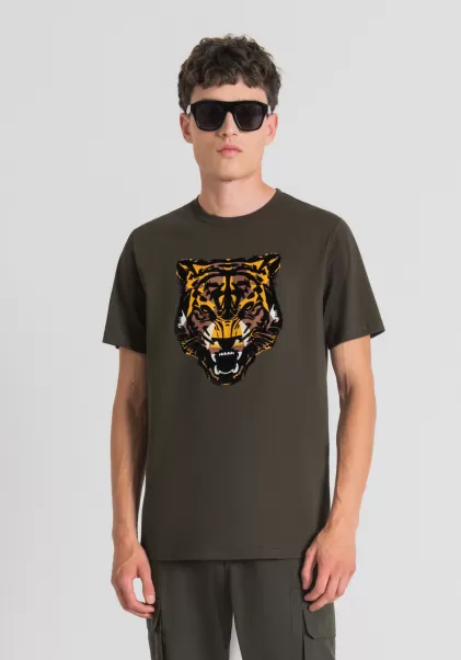 Herren Antony Morato T-Shirt Regular Fit Aus 100 % Baumwolle Mit Tiger-Print T-Shirts Und Polo Dunkles Militärgrün