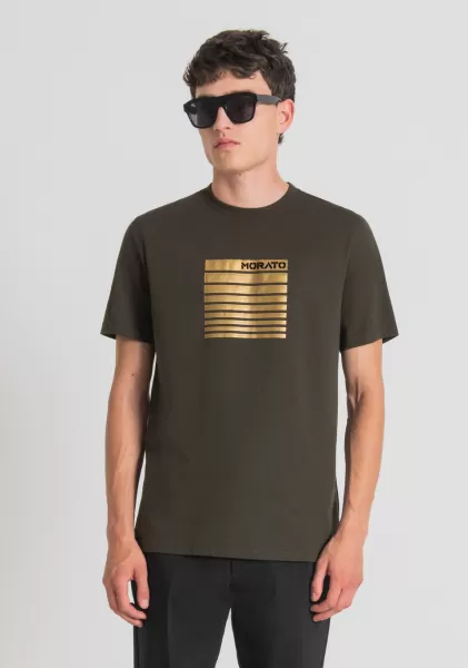 Dunkles Militärgrün Antony Morato T-Shirts Und Polo T-Shirt Regular Fit Aus 100 % Baumwolle Mit Flock-Print Herren