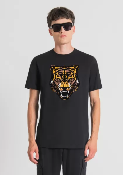 Antony Morato Schwarz Herren T-Shirt Regular Fit Aus 100 % Baumwolle Mit Tiger-Print T-Shirts Und Polo