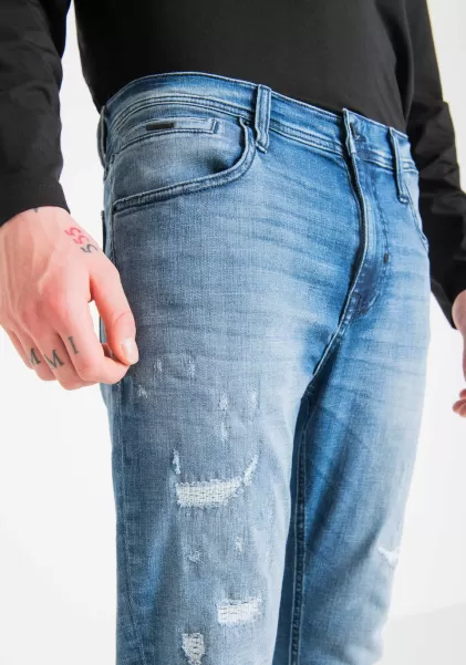 Jeans Skinny Cropped Fit „Karl“ Aus Blauem Stretch-Denim Mit Heller Waschung Antony Morato Jeans Herren Blue Denim