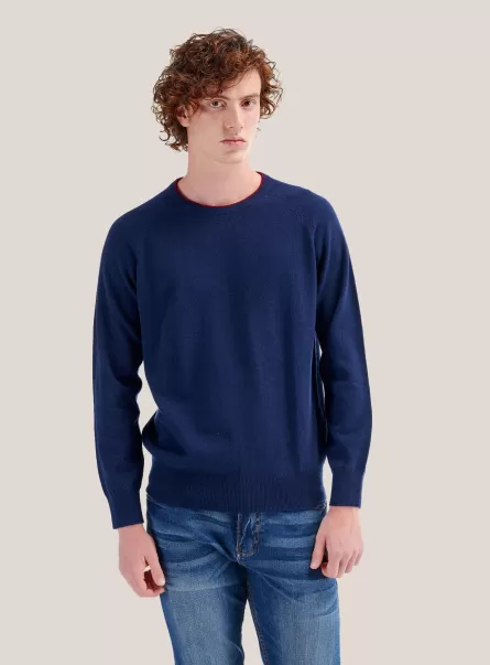 Strickwaren C218 Blue Navy Round Neck Sweater With Contrasting Border Kosten Männer Alcott