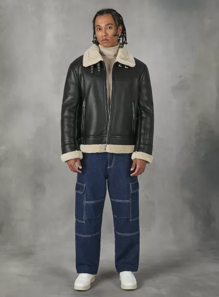 Männer Leather-Effect Sheepskin Jacket Produktqualitätsmanagement Mäntel Und Jacken Alcott Bk1 Black
