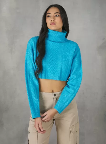 Lagerbestand Maz2 Azzurre Mel Med Alcott Frauen Strickwaren Cropped Turtleneck Pullover