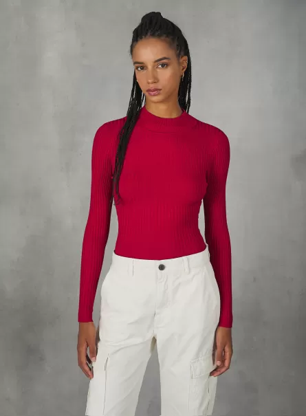 Rd1 Red Dark Cropped Ribbed Half-Neck Pullover Qualität Strickwaren Alcott Frauen