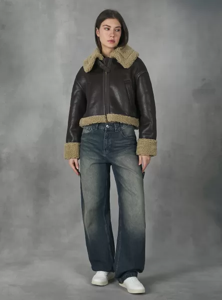 Br1 Brown Dark Mäntel Und Jacken Leather-Effect Jacket With Teddy Lining Markenidentität Frauen Alcott