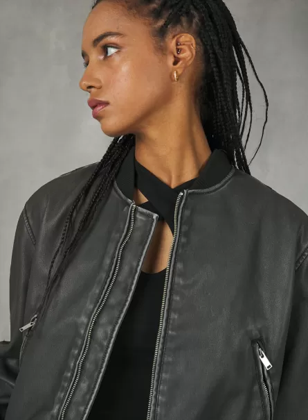 Mäntel Und Jacken Distressed Leather Effect Bomber Jacket Kauf Frauen Bk1 Black Alcott
