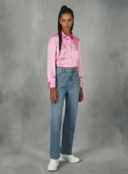 Online Hemden Pk2 Pink Medium Cropped Satin Shirt With Darts Frauen Alcott