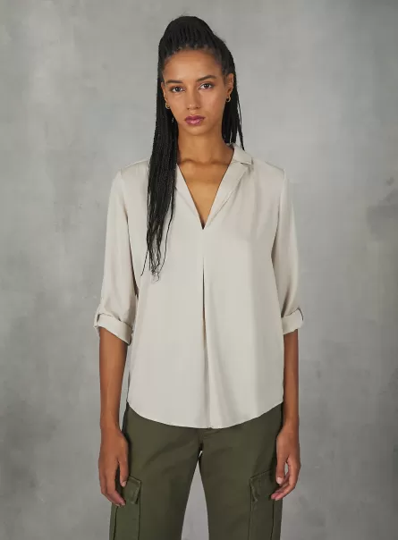 Alcott Bg3 Beige Light Hemden Design Plain-Coloured Blouse With Lapel Neckline Frauen