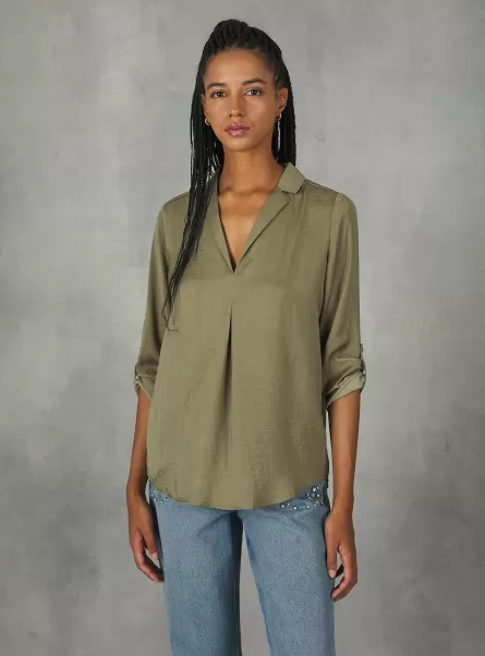 Plain-Coloured Blouse With Lapel Neckline Hemden Frauen Alcott Verkaufen Ky2 Kaky Medium