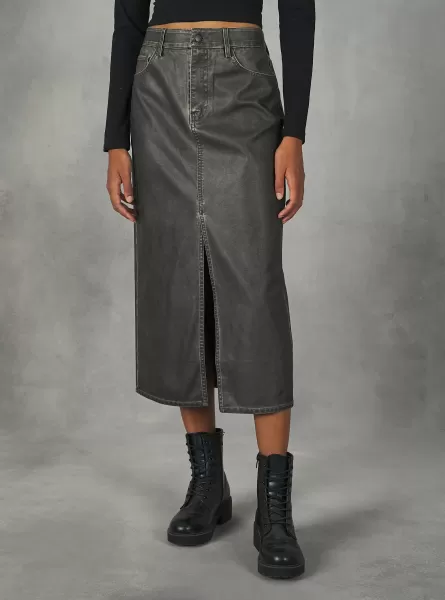 Röcken Und Shorts Vertrieb Alcott Bk3 Black Charcoal Worn Leather Effect Long Skirt Frauen